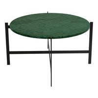 Green marble top round coffee table with a sleek black metal base. Contemporary design for modern decor.