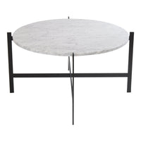 Round marble coffee table with a smooth white surface and black metal legs, offering a sleek modern look.