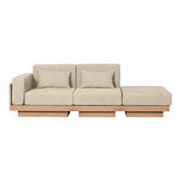 Light beige sofa with plush cushions and a minimalist wooden base, featuring a sleek, modern design.