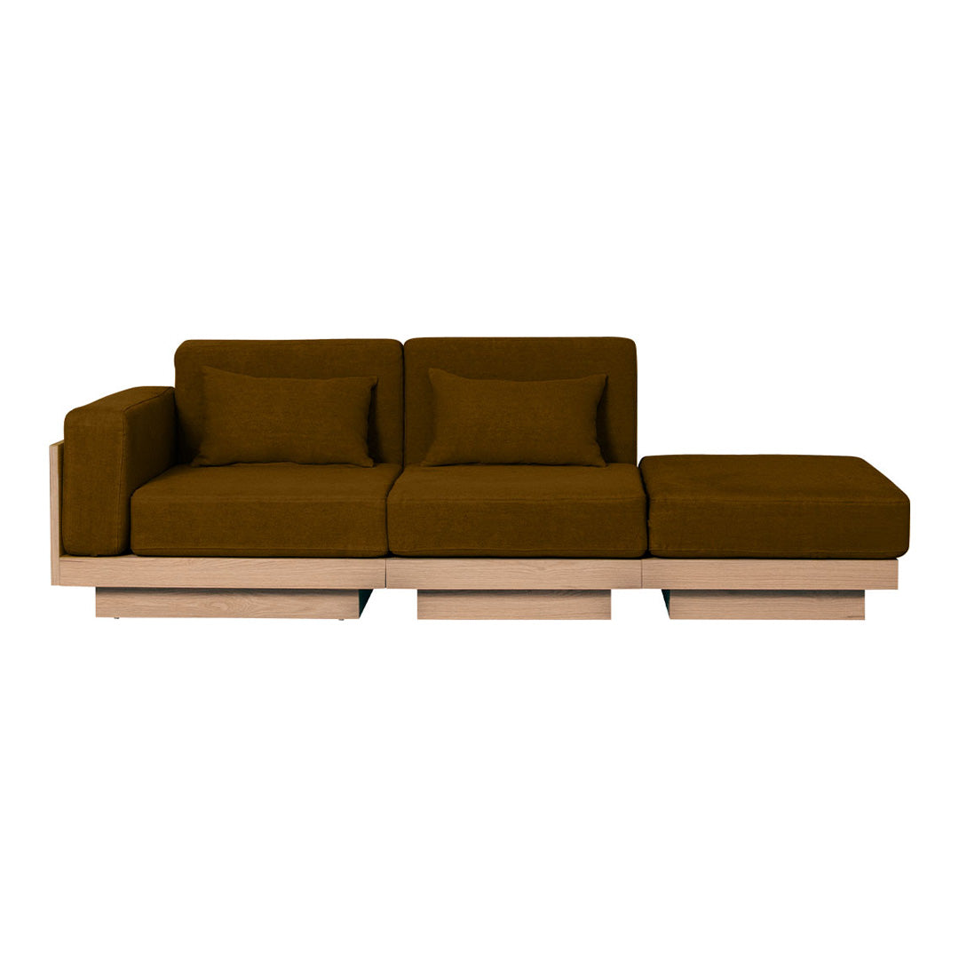 Brown upholstered sofa with a minimalist wooden base and seamless, modern design. Perfect for contemporary interiors.