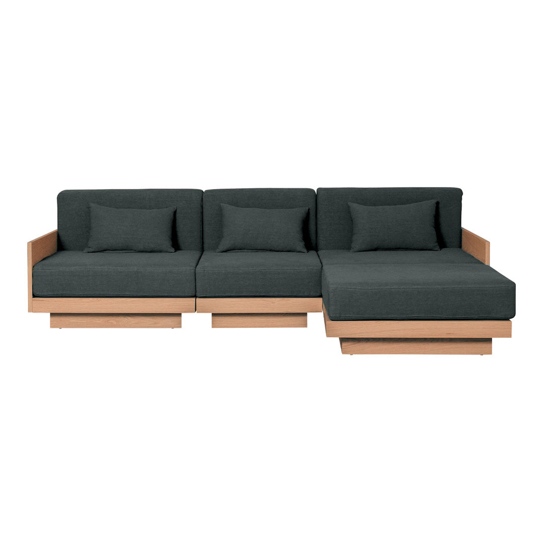 Gray fabric sectional sofa with sleek wooden base and matching cushions, featuring clean lines and modern design.