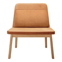 Tan suede chair with clean lines and a minimalist wooden base, perfect for modern decor.