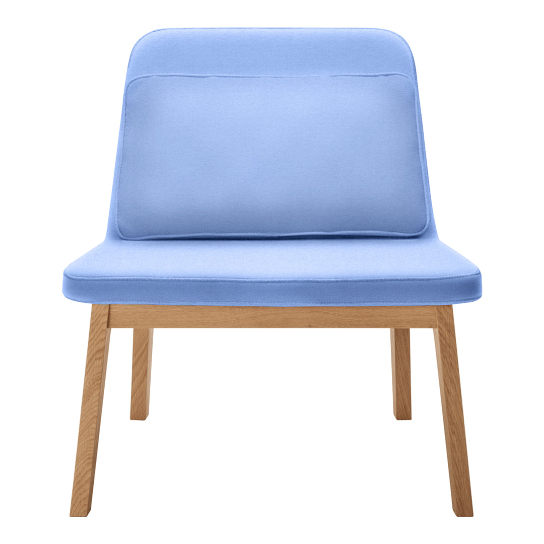 Light blue upholstered chair with a smooth finish and natural wood legs. Perfect for modern decor.