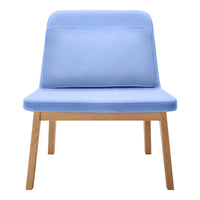 Light blue upholstered chair with a smooth finish and natural wood legs. Perfect for modern decor.