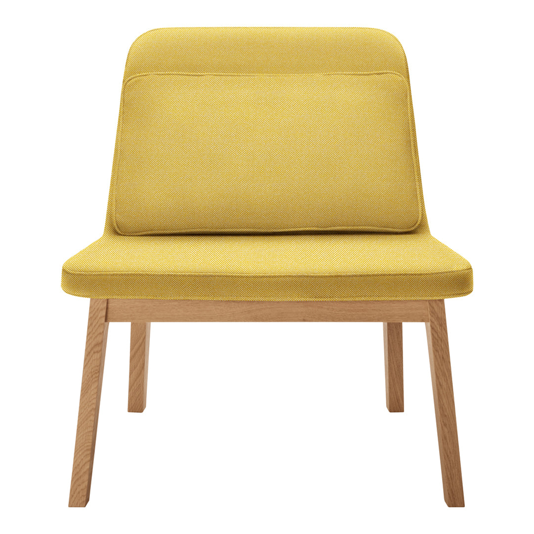 Yellow upholstered chair with a modern design and light wood legs, perfect for contemporary decor.