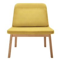 Yellow upholstered chair with a modern design and light wood legs, perfect for contemporary decor.