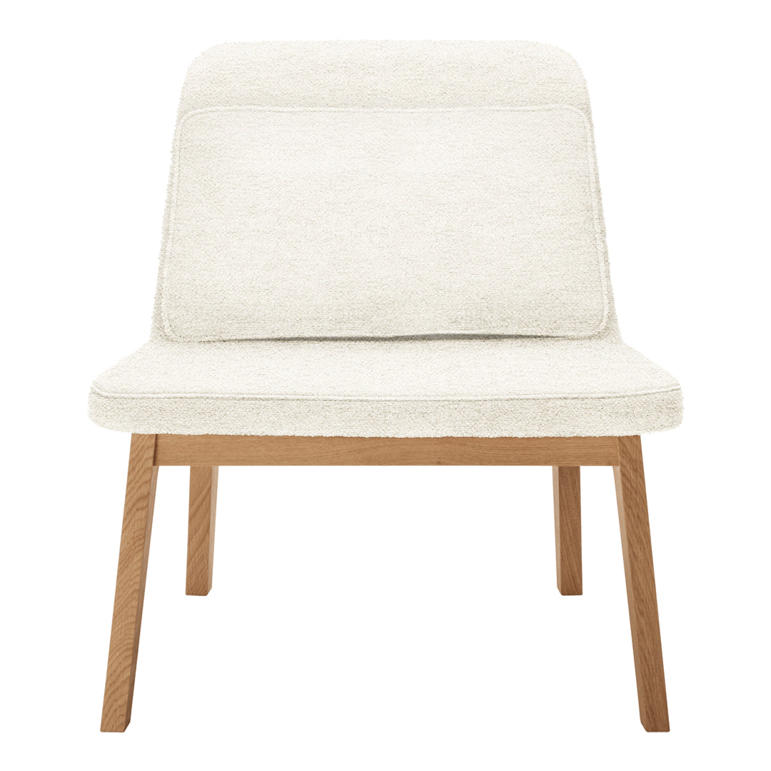 Light beige upholstery with a textured finish on a minimalist natural wood frame. Modern and elegant design.