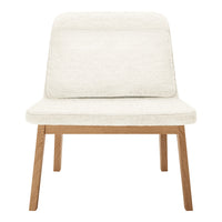 Light beige upholstery with a textured finish on a minimalist natural wood frame. Modern and elegant design.