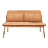 "Light brown suede loveseat with smooth texture and simple design, featuring two matching cushions."