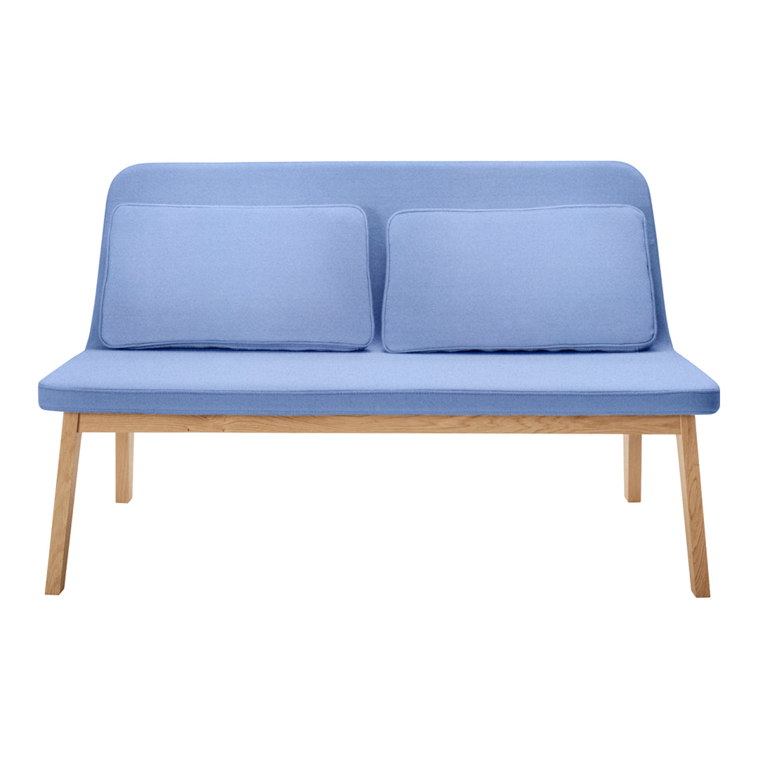 Blue fabric loveseat with two matching cushions and natural wooden legs, featuring a minimalist design.