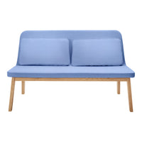 Blue fabric loveseat with two matching cushions and natural wooden legs, featuring a minimalist design.