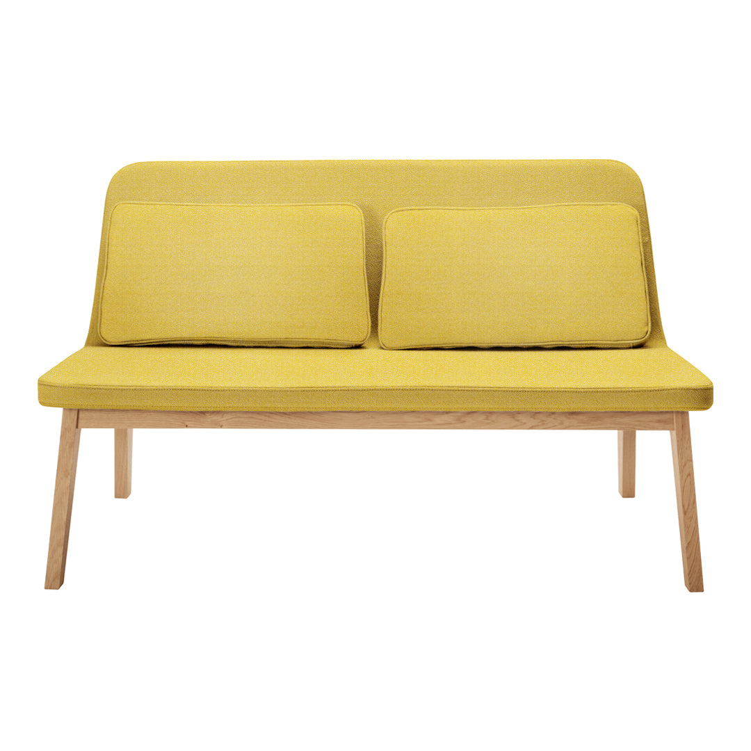 Yellow two-seater sofa with two cushions and light wood legs, featuring a modern, minimalist design.