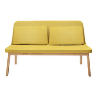 Yellow two-seater sofa with two cushions and light wood legs, featuring a modern, minimalist design.