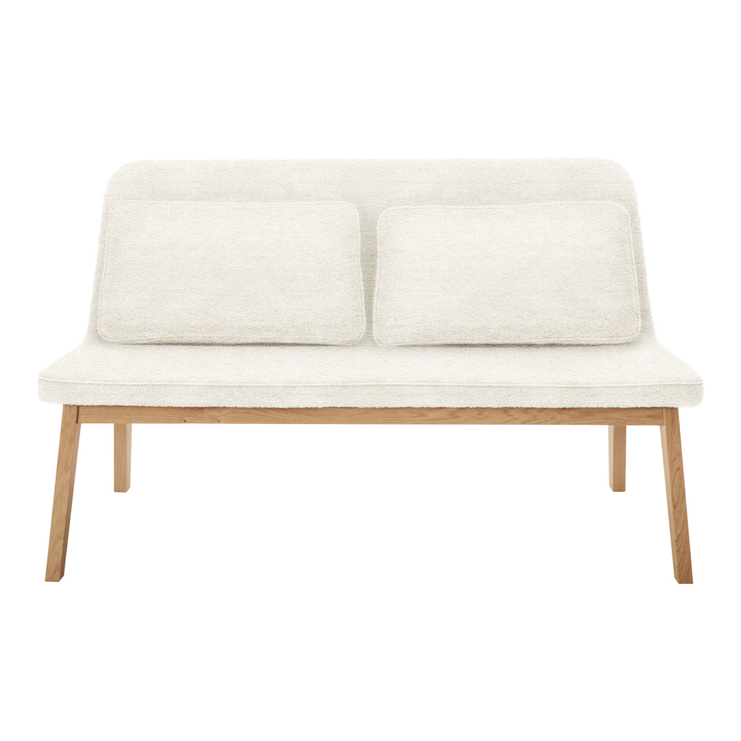 Light beige modern loveseat with smooth fabric and wooden legs, featuring two plush cushions.