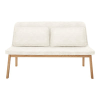 Light beige modern loveseat with smooth fabric and wooden legs, featuring two plush cushions.