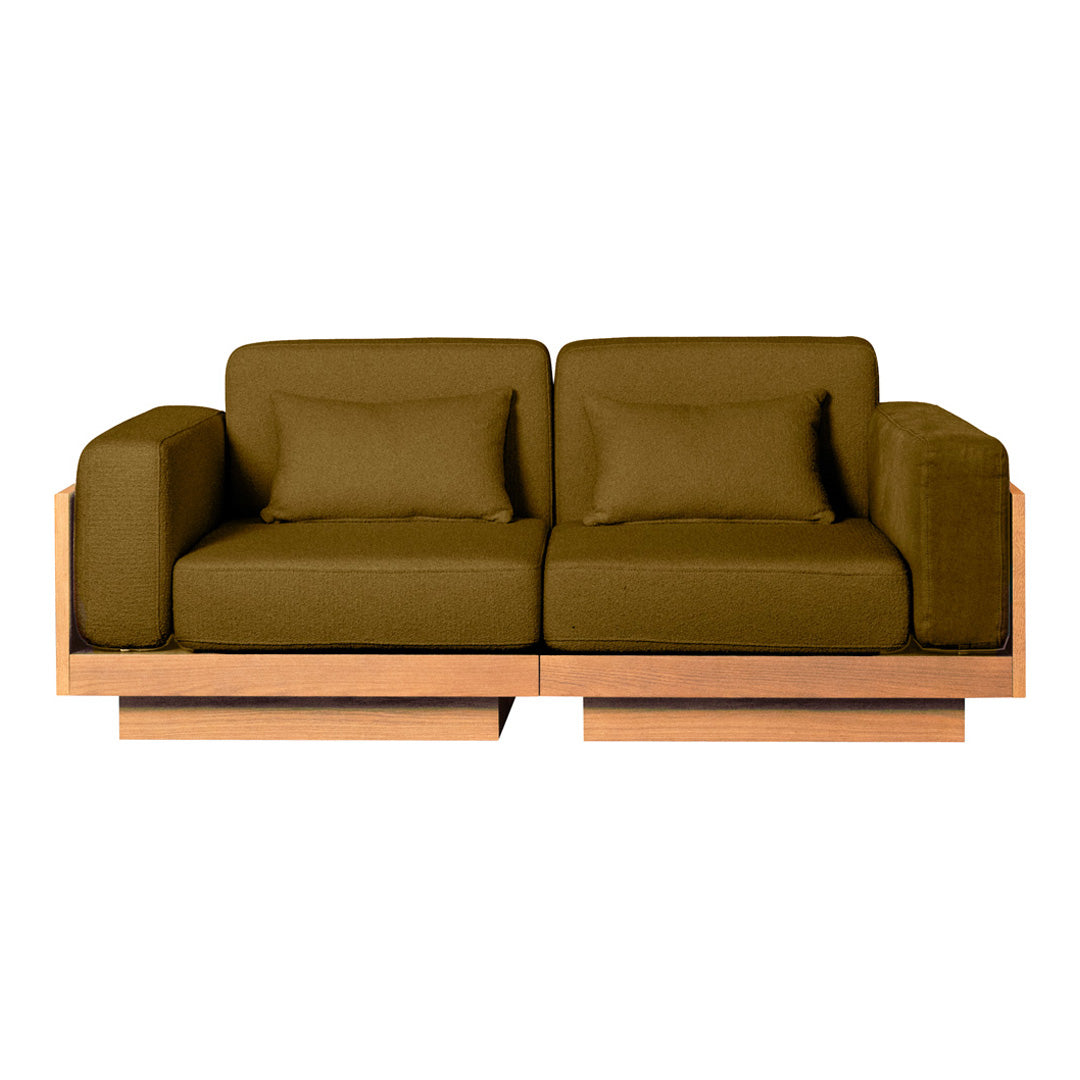 Olive green upholstered sofa with a modern wooden frame; minimalist design and clean lines.