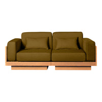 Olive green upholstered sofa with a modern wooden frame; minimalist design and clean lines.