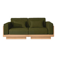 Olive green sofa with beige wooden base, featuring a modern, minimalist design and simple lines. Perfect for stylish interiors.