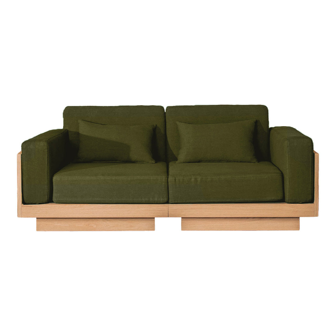 Olive green sofa with a minimalist design; features solid wood base and clean lines. Perfect for modern living spaces.