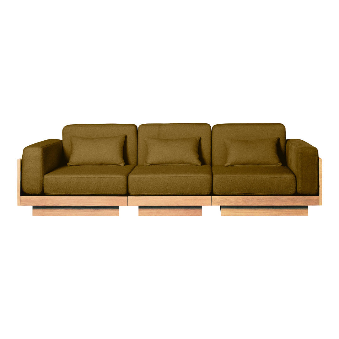 Olive green sofa with plush cushions and a minimalist wooden frame, perfect for modern living spaces.
