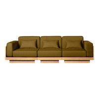 Olive green sofa with plush cushions and a minimalist wooden frame, perfect for modern living spaces.