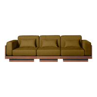 Olive green fabric sofa with a modern design and smooth, clean lines on a wooden base. Perfect for contemporary decor.