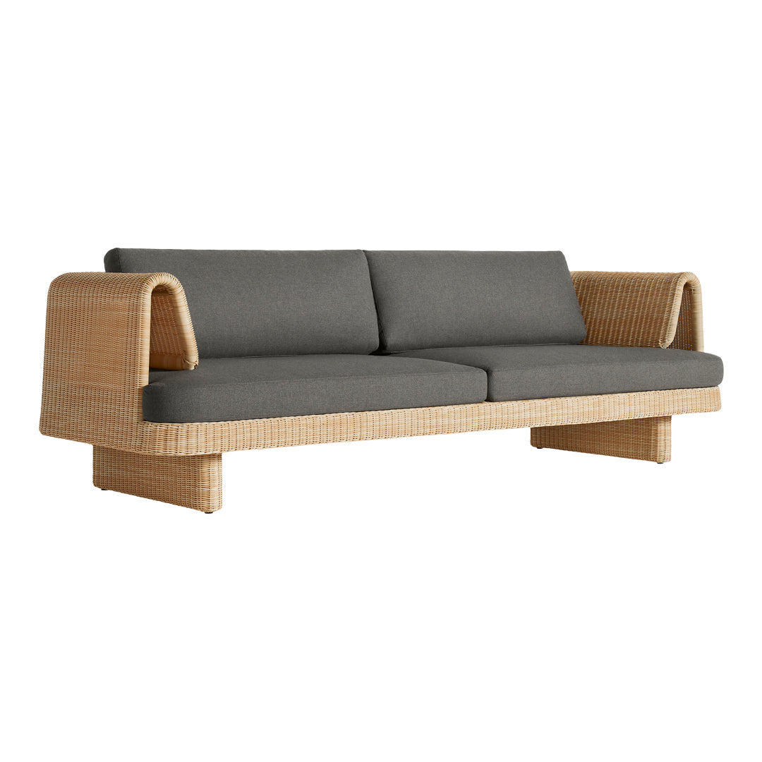 Gray cushion sofa with a light natural wicker frame, featuring a sleek, modern design. Perfect for contemporary decor.
