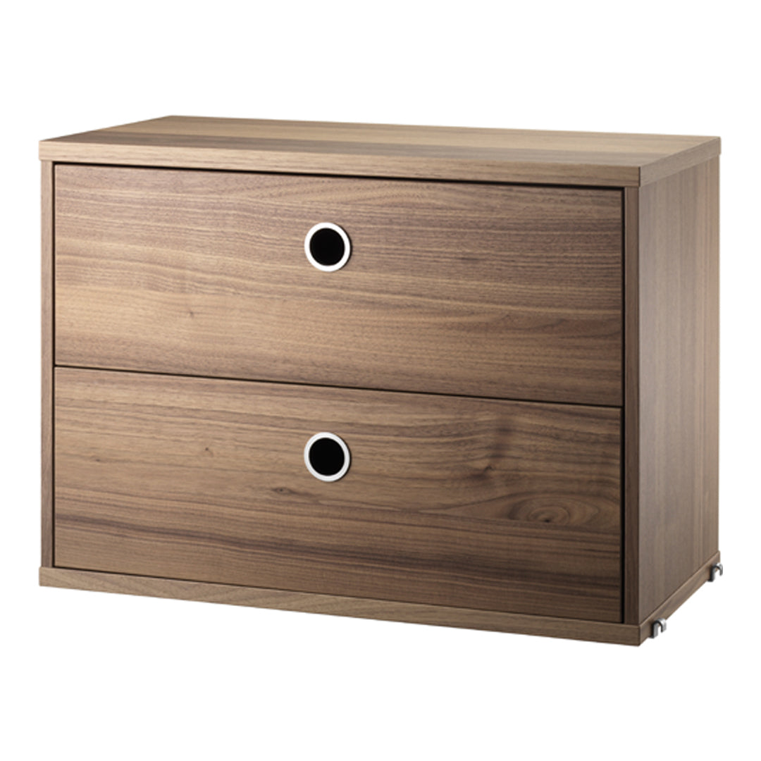 Wooden two-drawer chest in a rich walnut finish with sleek, minimalistic design and round metal handles.