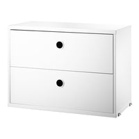 White modern chest of drawers with sleek design and two spacious drawers featuring circular black handles.