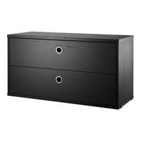 Black dresser with a minimalist design featuring two drawers and circular silver handles.