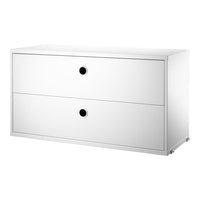 White dresser with two drawers, minimalist design, featuring sleek black circular handles.