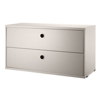Light grey modern dresser with two spacious drawers, featuring sleek black circular handles. Minimalist design.