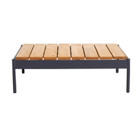 Modern gray outdoor coffee table with slatted natural wood top and sleek metal frame. Perfect for contemporary spaces.