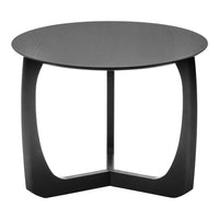 Black round side table with a smooth top and unique curved legs, offering a sleek and modern design.