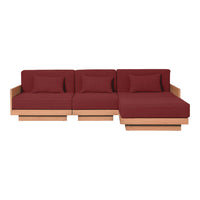 Modern sectional sofa in rich burgundy with a sleek light wood base, featuring clean lines and minimalistic design.