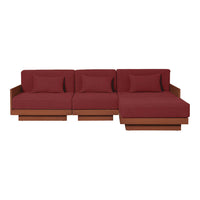 Luxurious deep red sectional sofa with a smooth fabric finish and modern wood accents. Ideal for stylish living spaces.