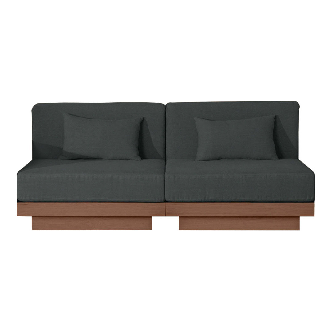 Dark gray fabric sofa with brown wooden base and two matching cushions, perfect for modern decor.