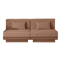 Brown two-seater sofa with a smooth texture and subtle vertical pattern, featuring two matching cushions.