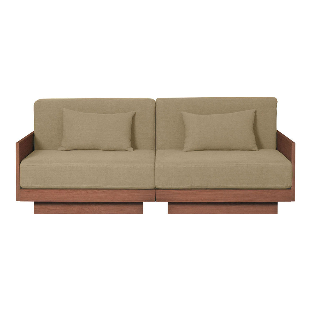 Beige fabric sofa with wooden frame and two matching cushions, featuring a modern, clean design and subtle texture.