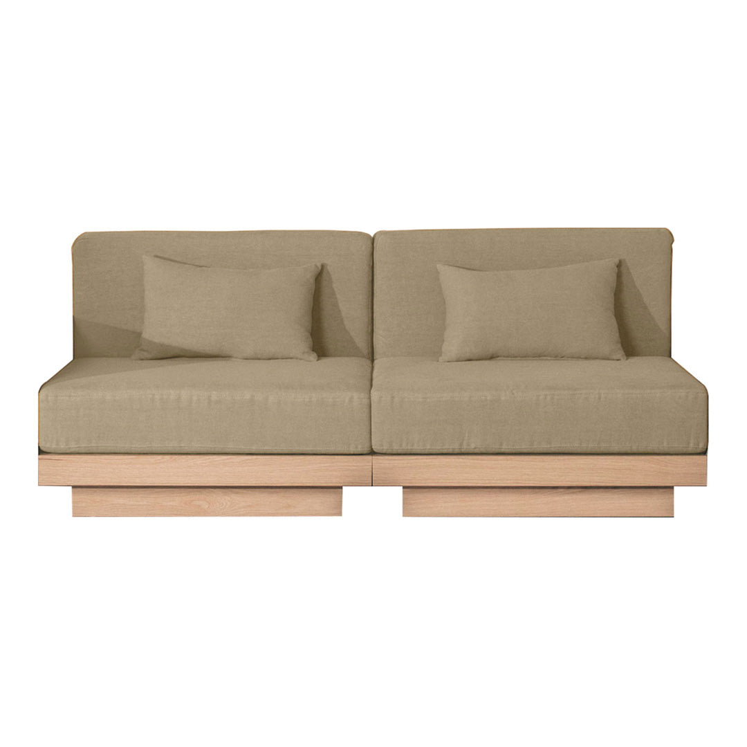 Beige sofa with smooth, modern upholstery and light wood base, featuring simple, minimalist design.
