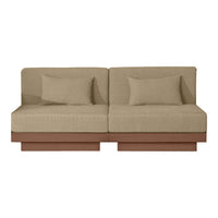 Beige fabric sofa with a modern design, featuring a sleek brown wooden base and matching throw pillows.