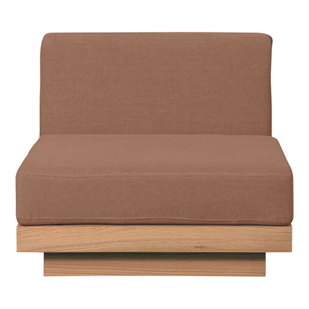 Brown upholstered chair with a smooth, solid surface and a natural wood base. Simple and modern design.
