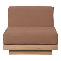 Brown upholstered chair with a smooth, solid surface and a natural wood base. Simple and modern design.