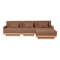 Brown upholstered sectional sofa with a sleek wooden base and matching cushions, perfect for modern living spaces.
