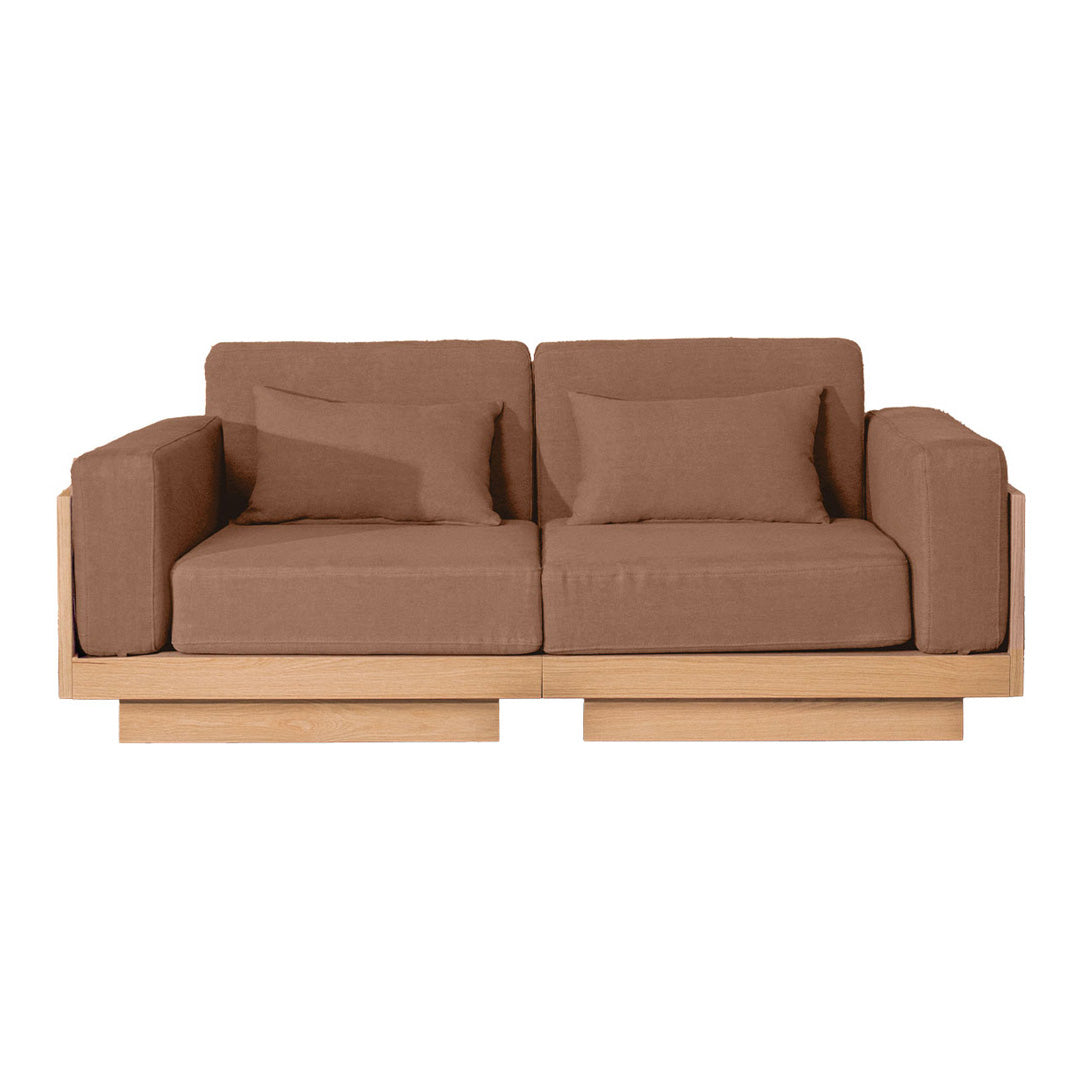 Brown fabric sofa with clean lines and a minimalist wooden frame, featuring two plush cushions for added comfort.