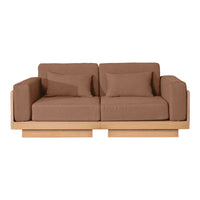 Brown fabric sofa with clean lines and a minimalist wooden frame, featuring two plush cushions for added comfort.