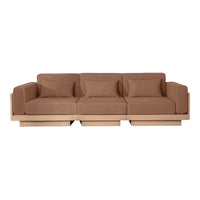 Brown upholstered sofa with matching pillows, featuring a minimalist design and wooden base.