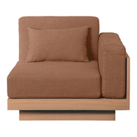 Brown upholstered corner chair with a matching cushion and light wooden base, featuring a simple, modern design.