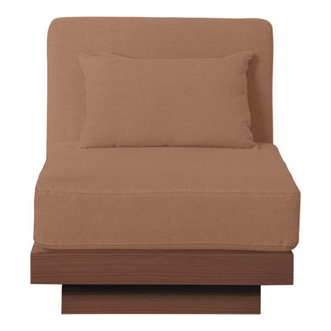 Brown fabric lounge chair with a matching cushion, featuring a contemporary solid color design and a sleek wooden base.