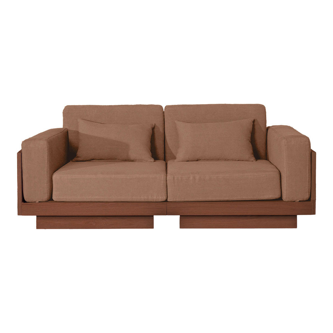 Brown upholstered sofa with solid color cushions, featuring a sleek wooden frame and minimalist design.